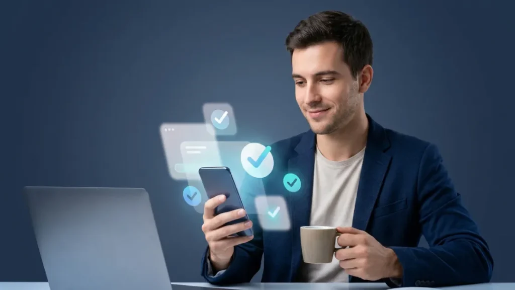 Una persona joven o un profesional relajado tomando un café mientras mira su celular o laptop con una leve sonrisa por realizar sus tramites de isapre 100% online